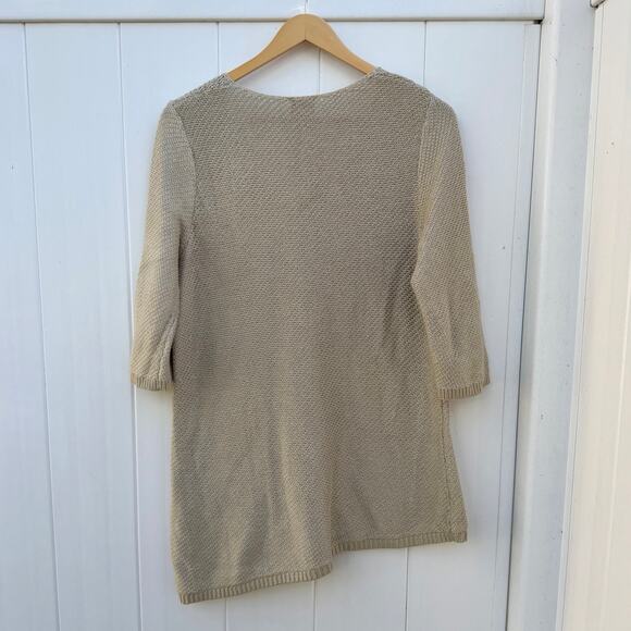 CHICO’S Heidi Knit Sweater Khaki 3/4 Sleeve Asymmetrical Silver Gold Size 1 M 8 - Picture 3 of 7
